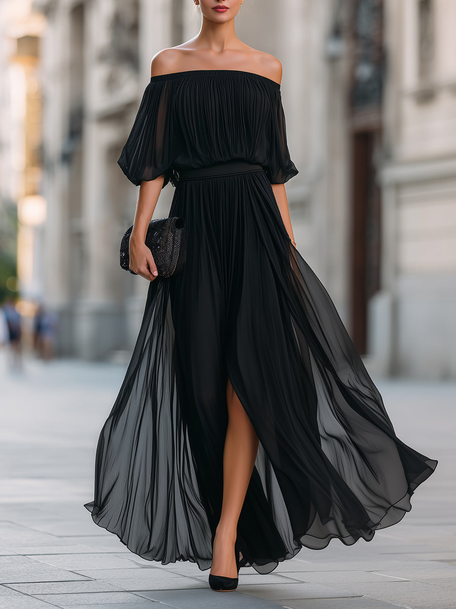 Celina Schulterfreies Plissee-Maxikleid