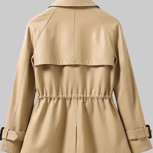 Genuine Sheepskin Black Leather Jacket for Women with Cinched Waist and Pockets 3