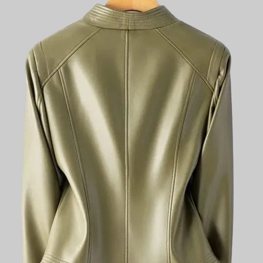 Marcella - Women's Genuine Leather Jacket with Asymmetrical Zip & V-Collar 2