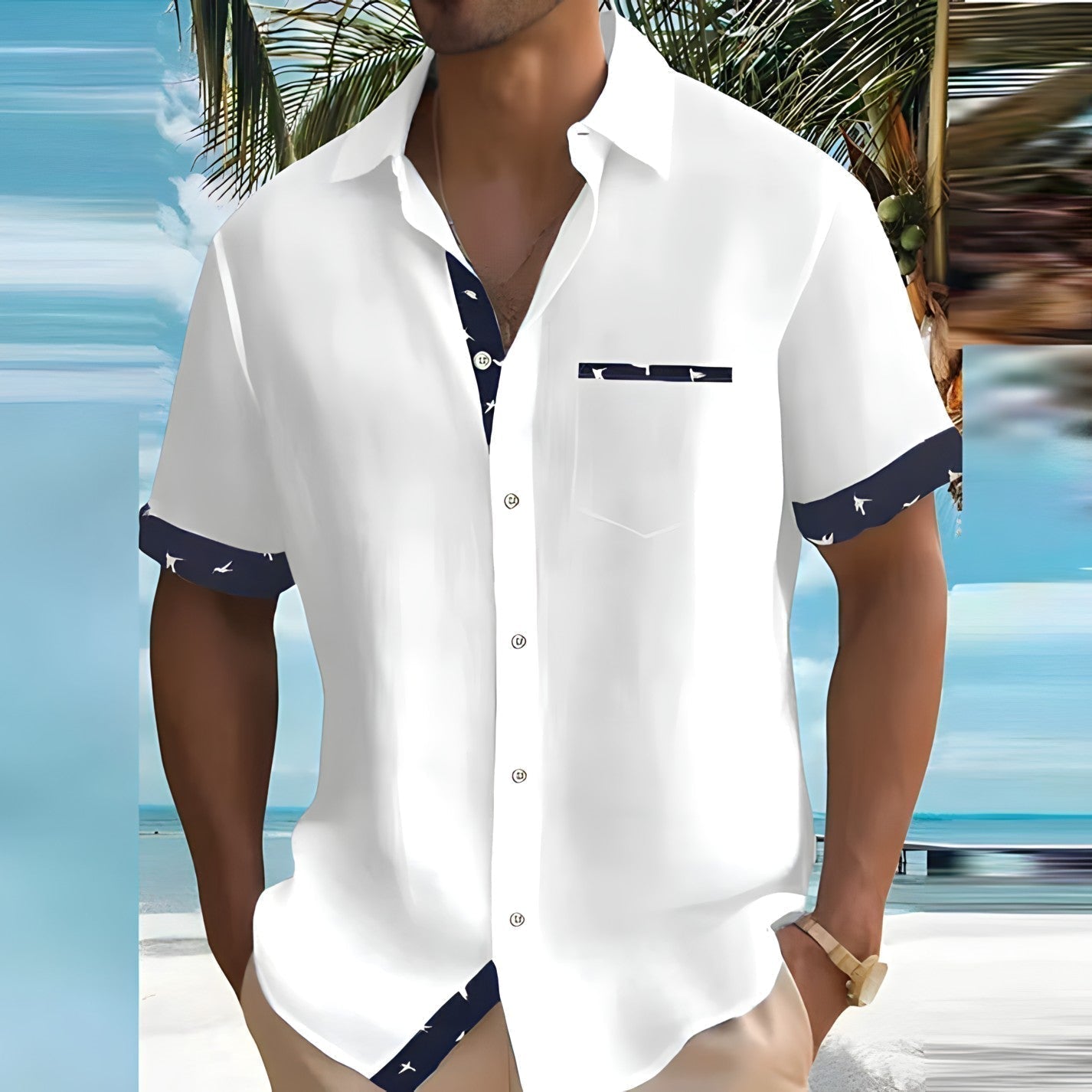 Herren-Kurzarmhemd mit Vogelprint-Details