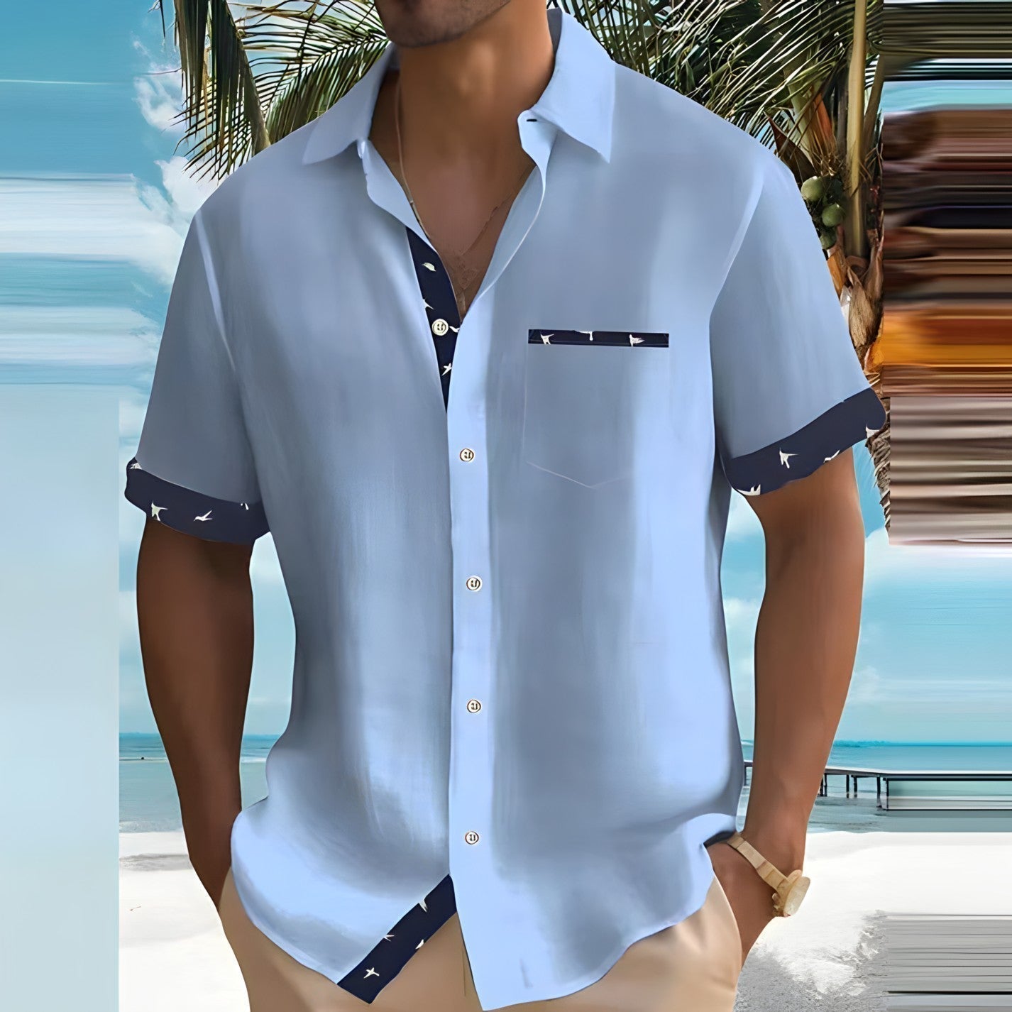 Herren-Kurzarmhemd mit Vogelprint-Details