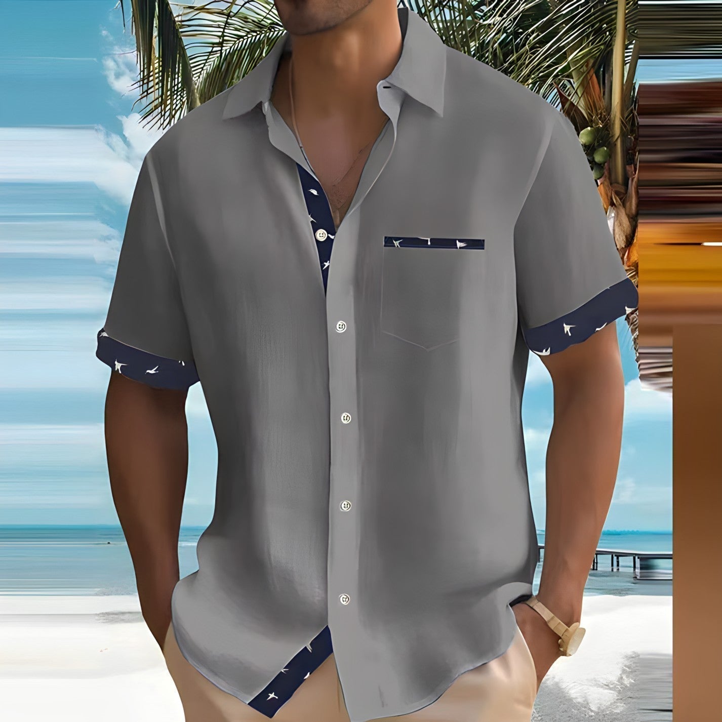 Herren-Kurzarmhemd mit Vogelprint-Details