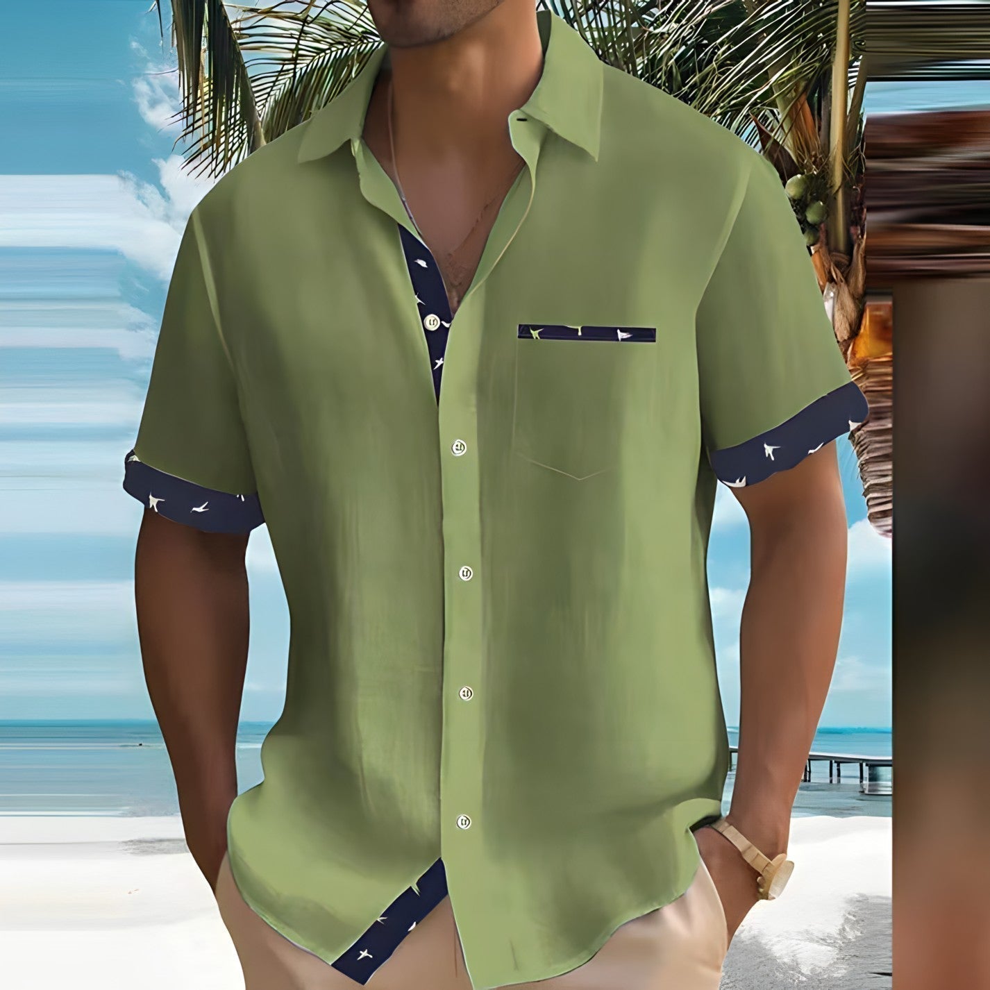 Herren-Kurzarmhemd mit Vogelprint-Details