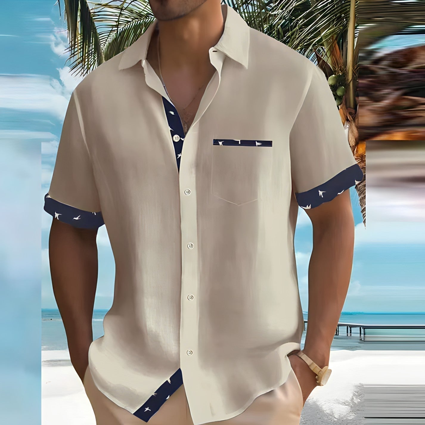 Herren-Kurzarmhemd mit Vogelprint-Details