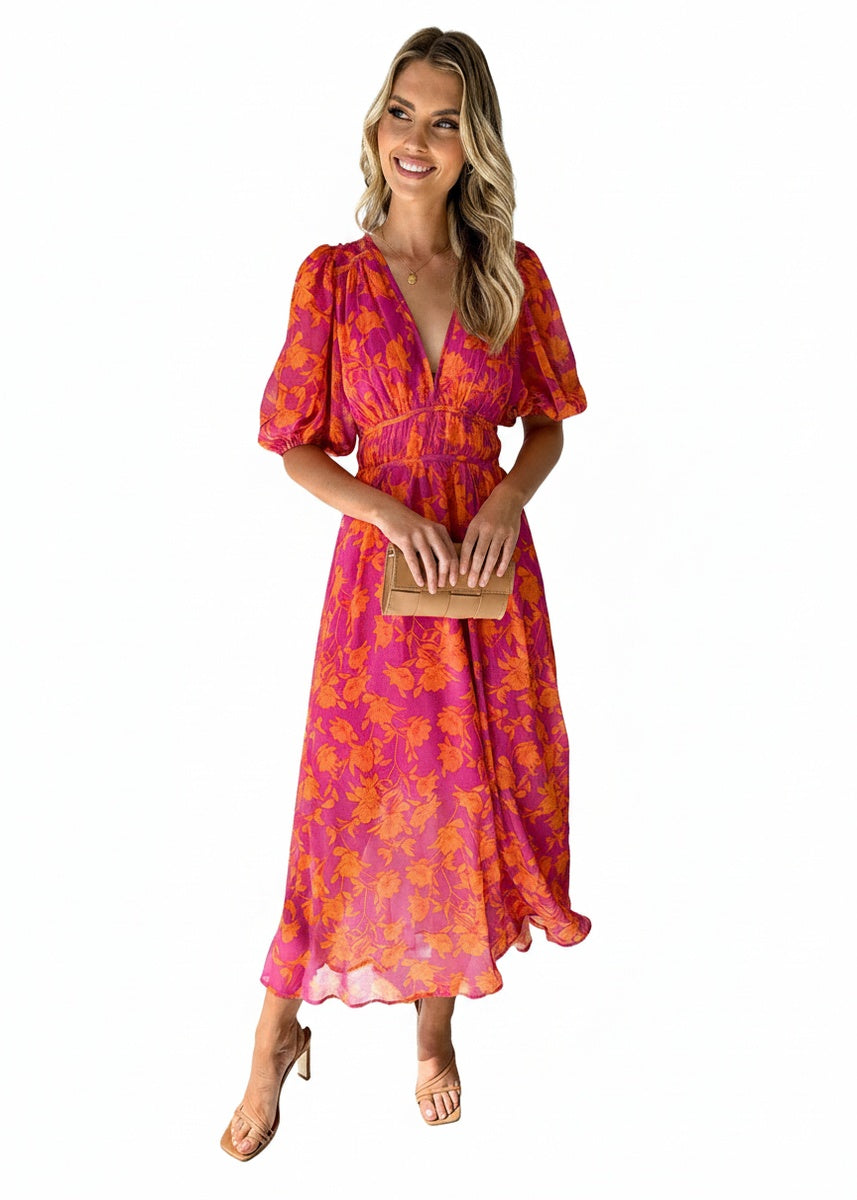 Florales Midikleid mit Puffärmeln
