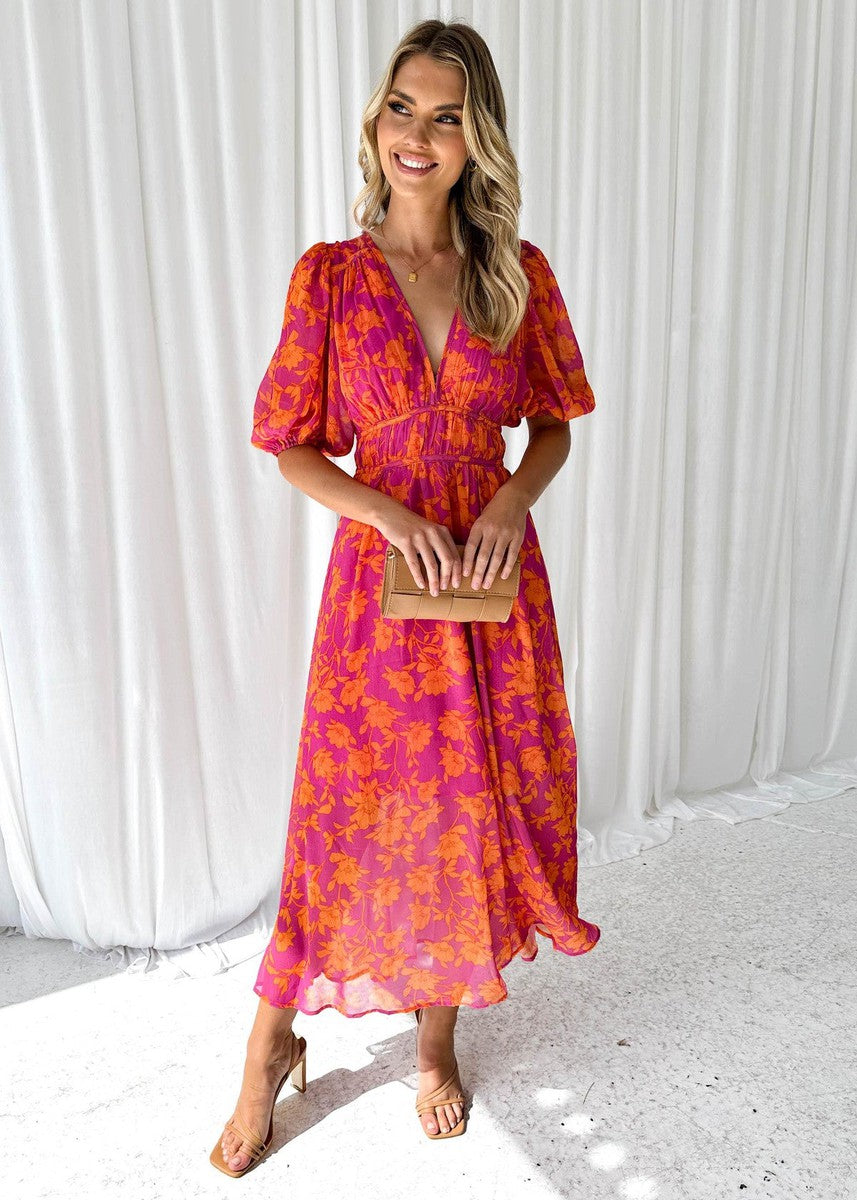 Florales Midikleid mit Puffärmeln