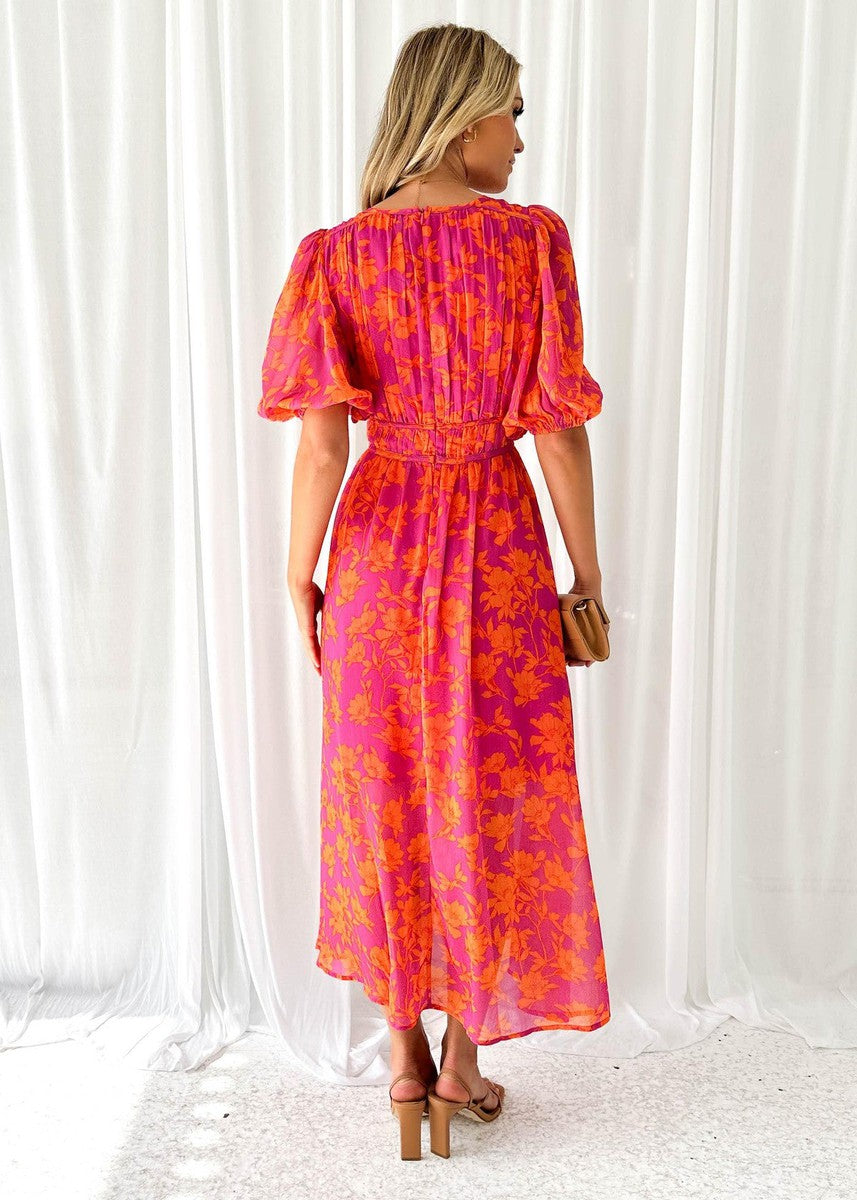 Florales Midikleid mit Puffärmeln