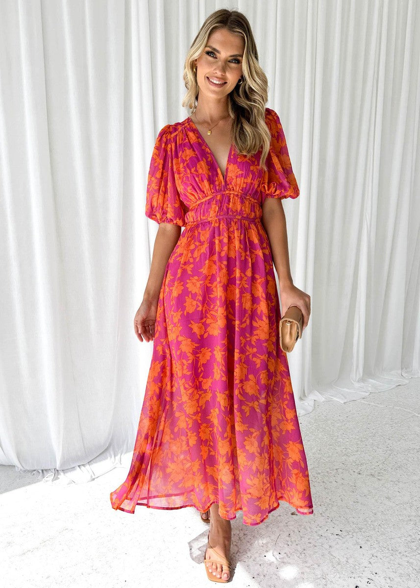 Florales Midikleid mit Puffärmeln
