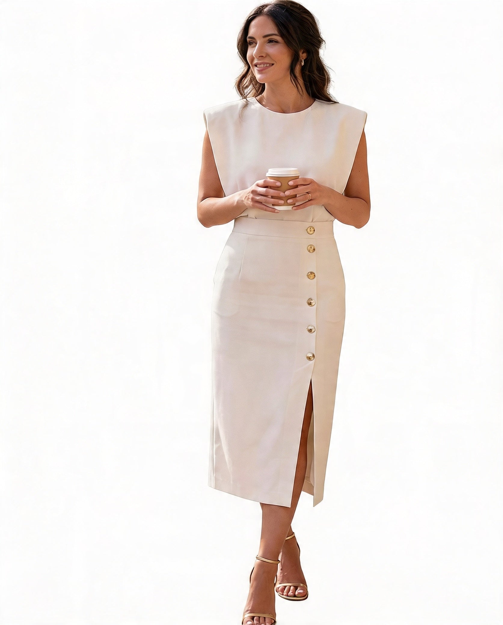 Tailliertes Midikleid mit Goldknöpfen