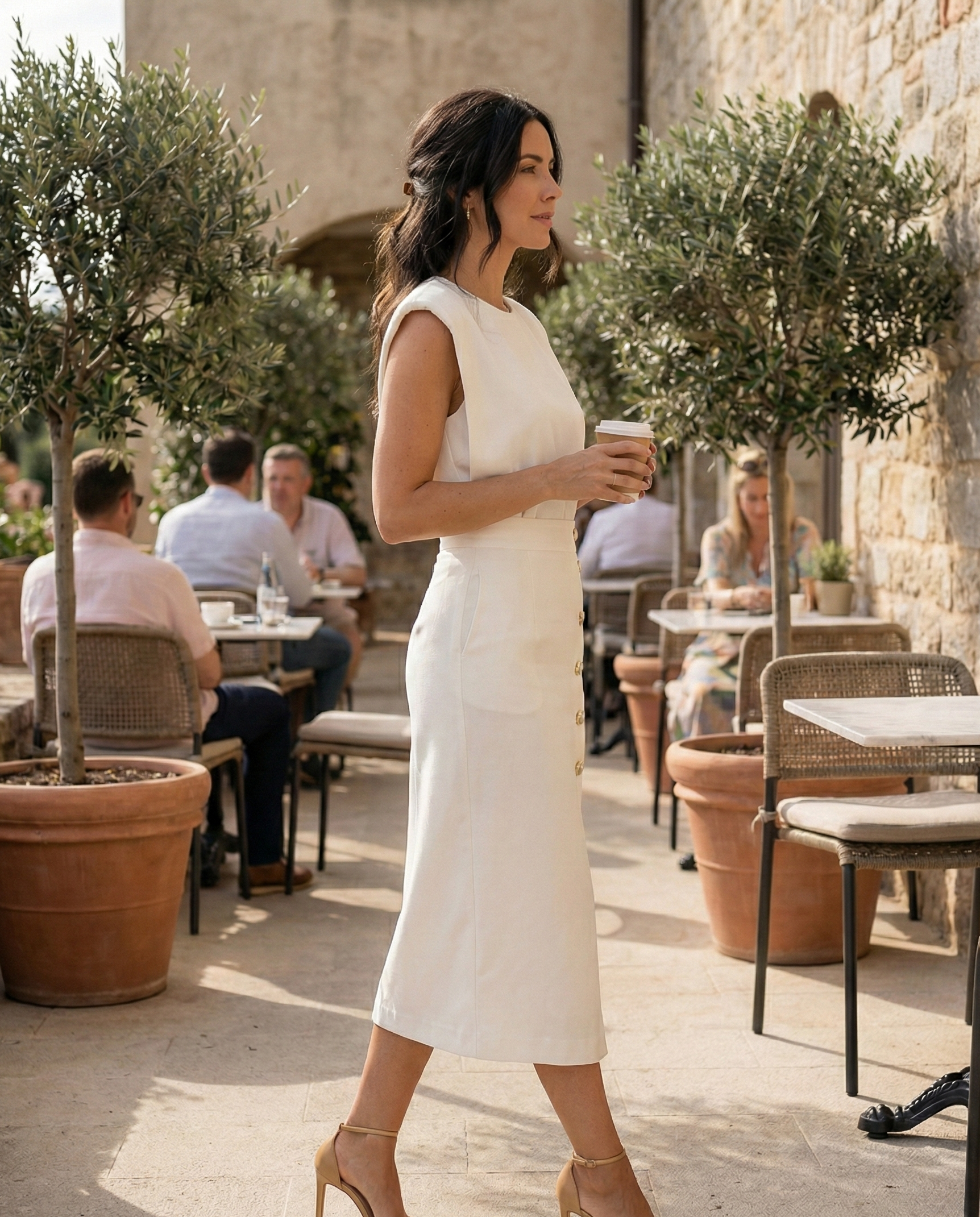 Tailliertes Midikleid mit Goldknöpfen