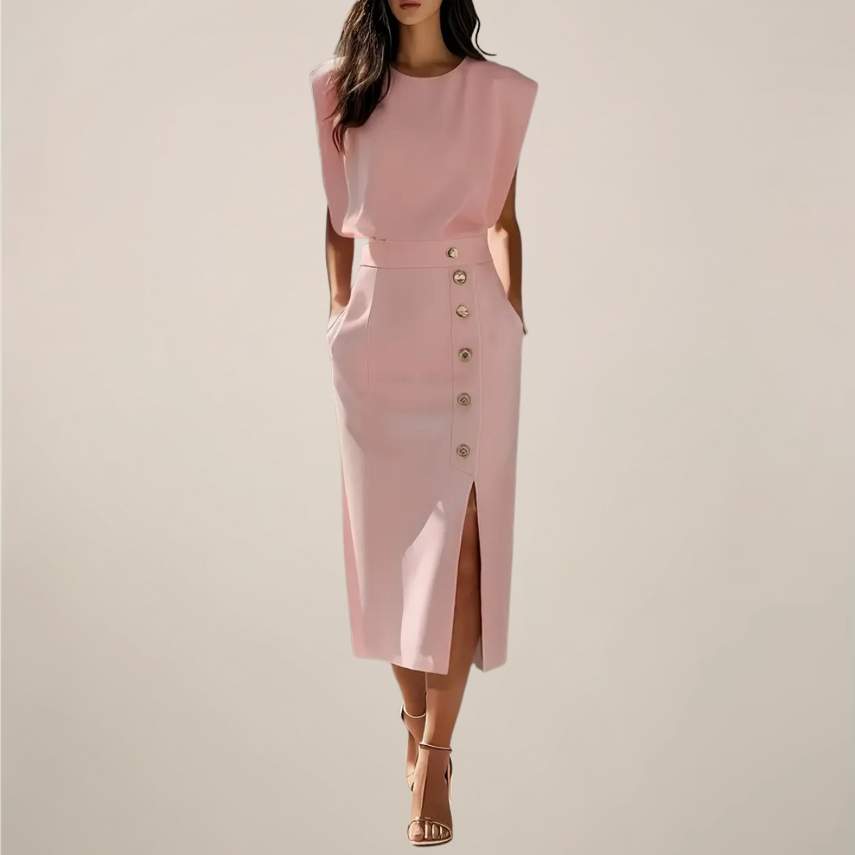 Tailliertes Midikleid mit Goldknöpfen