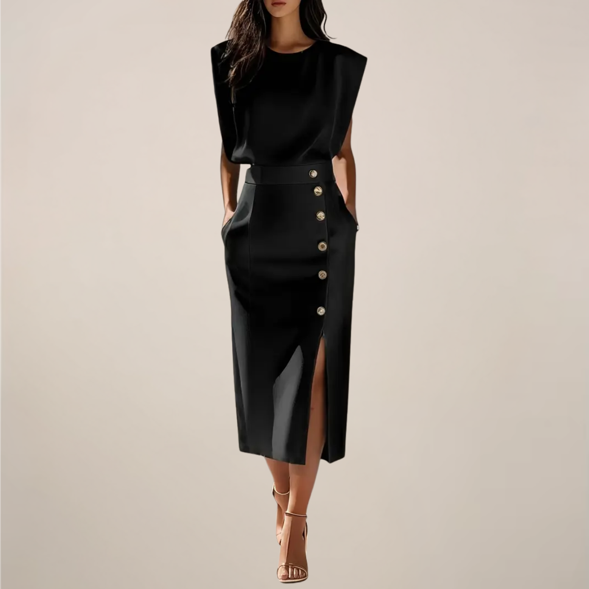 Tailliertes Midikleid mit Goldknöpfen