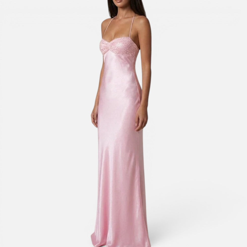 Perlenbesetztes Neckholder-Maxikleid