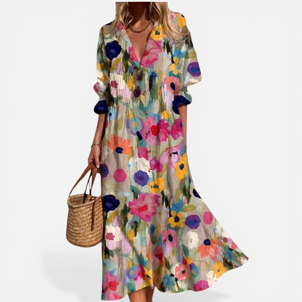 Gemustertes Midi-Kleid mit V-Ausschnitt