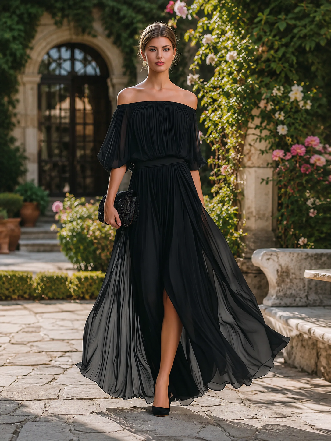Celina Schulterfreies Plissee-Maxikleid