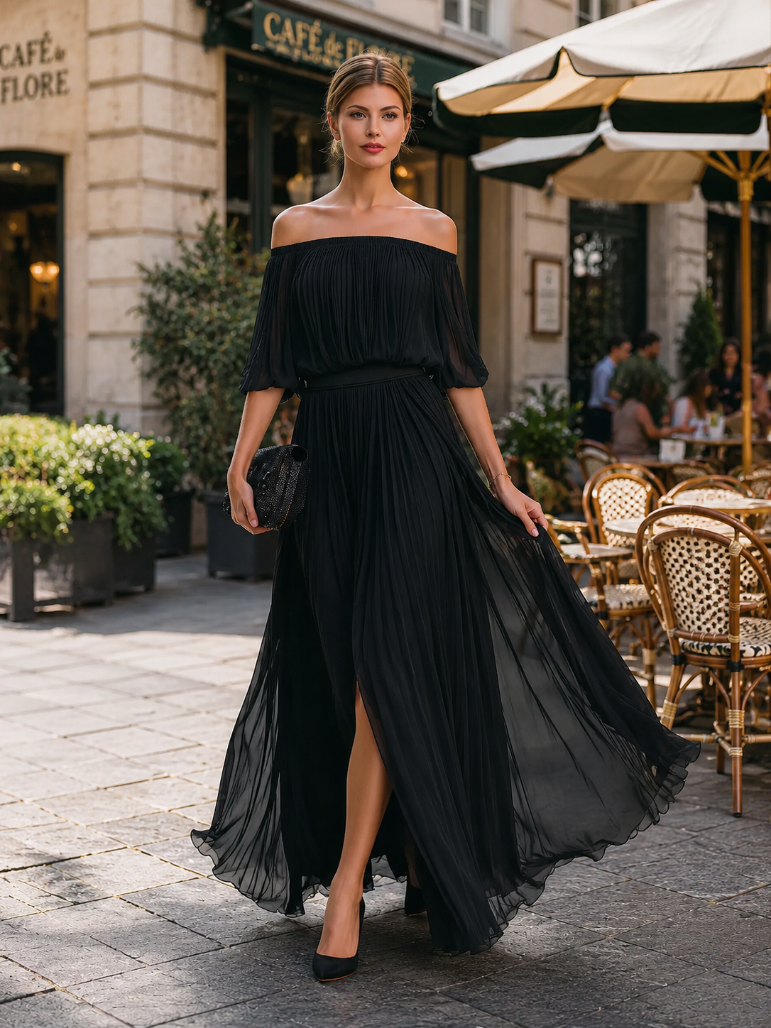 Celina Schulterfreies Plissee-Maxikleid
