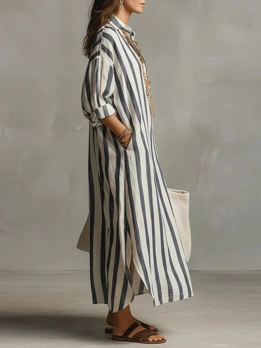 Gestreiftes Hemdblusenkleid in Maxilänge