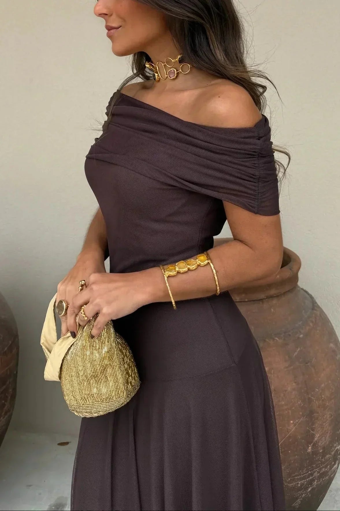 Plissiertes One-Shoulder-Maxikleid