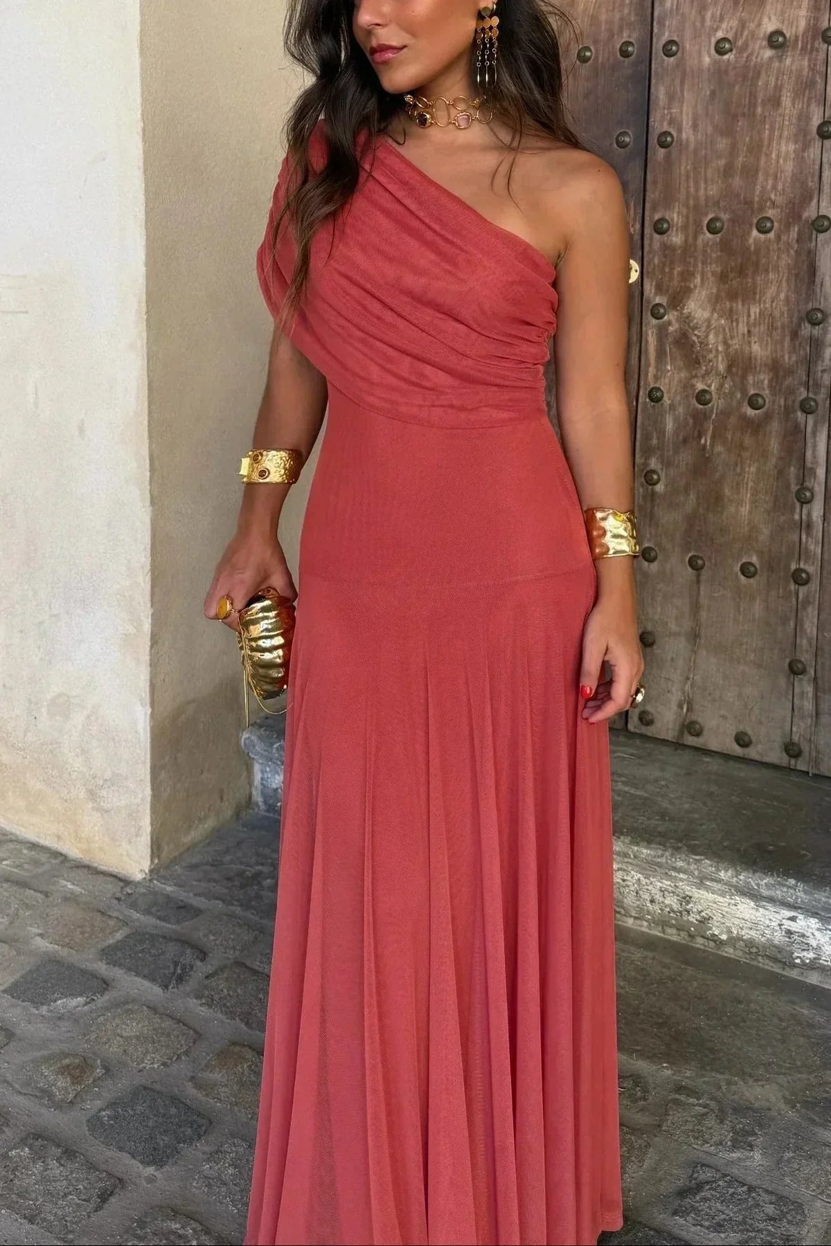 Plissiertes One-Shoulder-Maxikleid