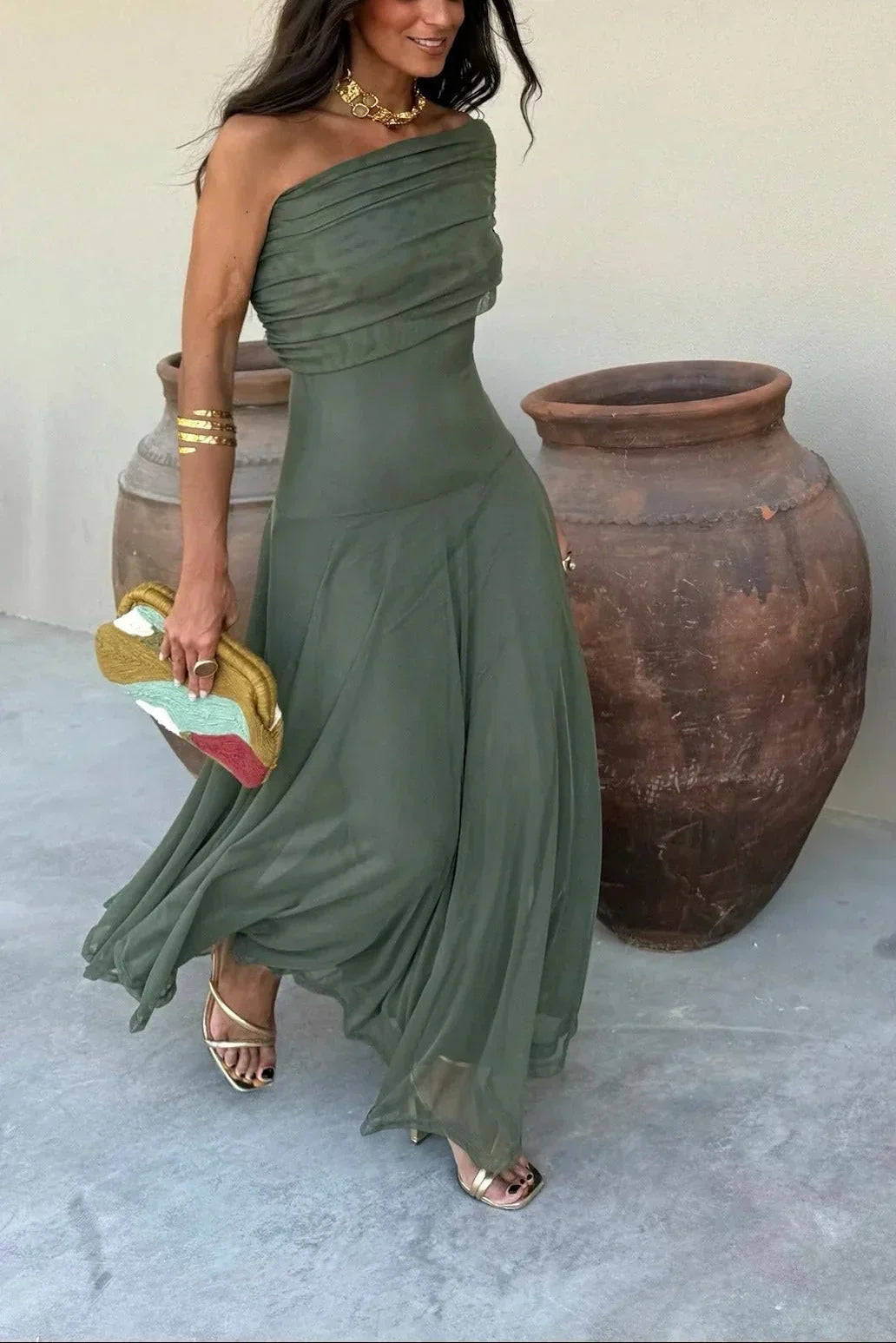 Plissiertes One-Shoulder-Maxikleid