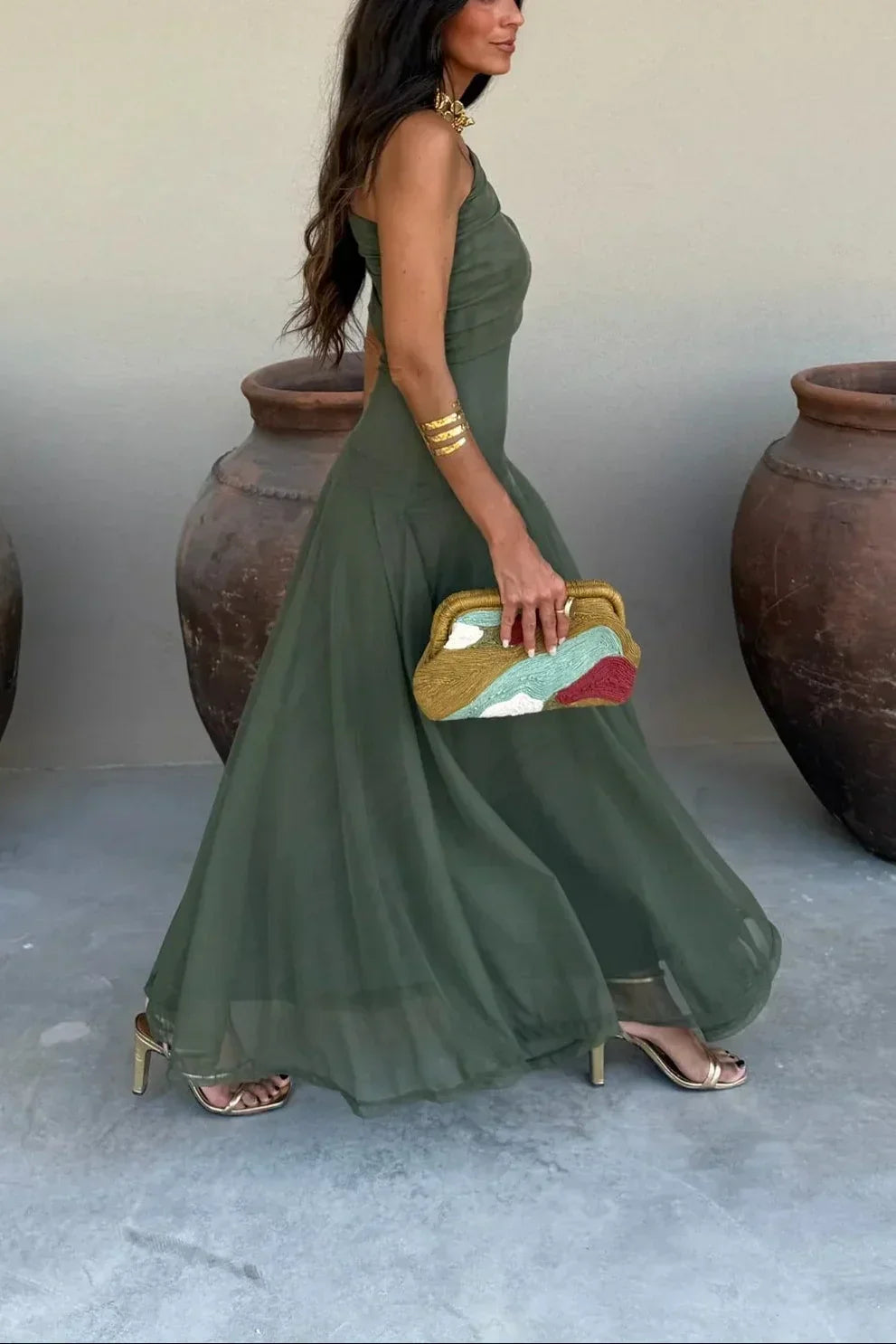 Plissiertes One-Shoulder-Maxikleid