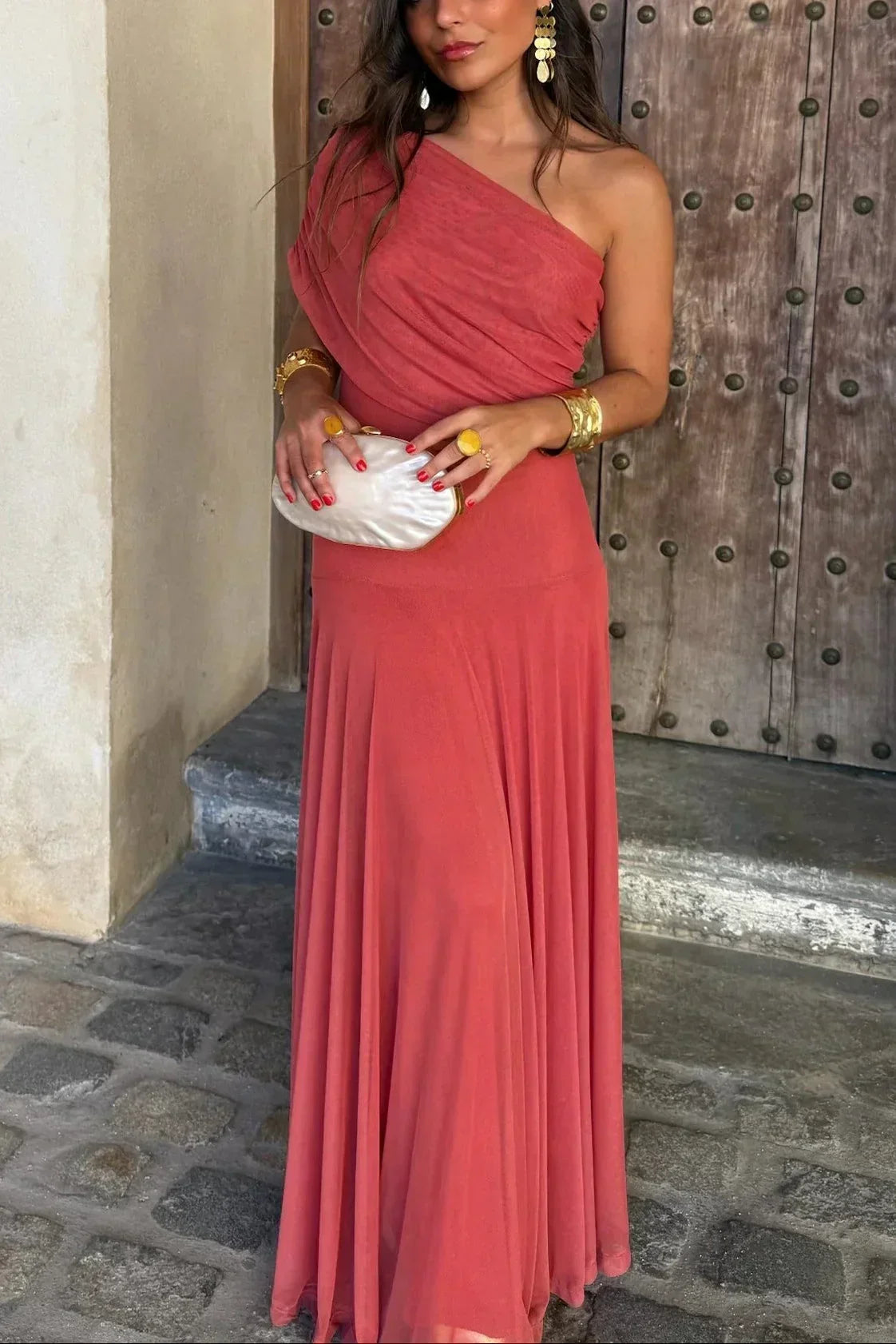 Plissiertes One-Shoulder-Maxikleid