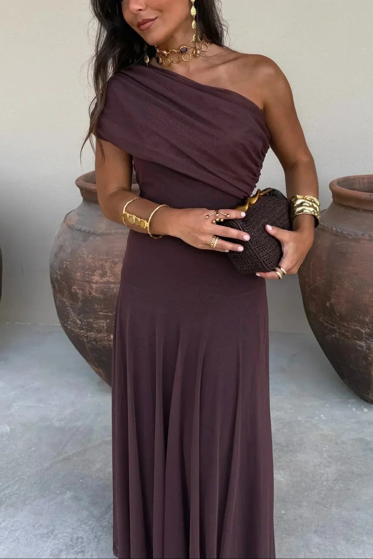 Plissiertes One-Shoulder-Maxikleid