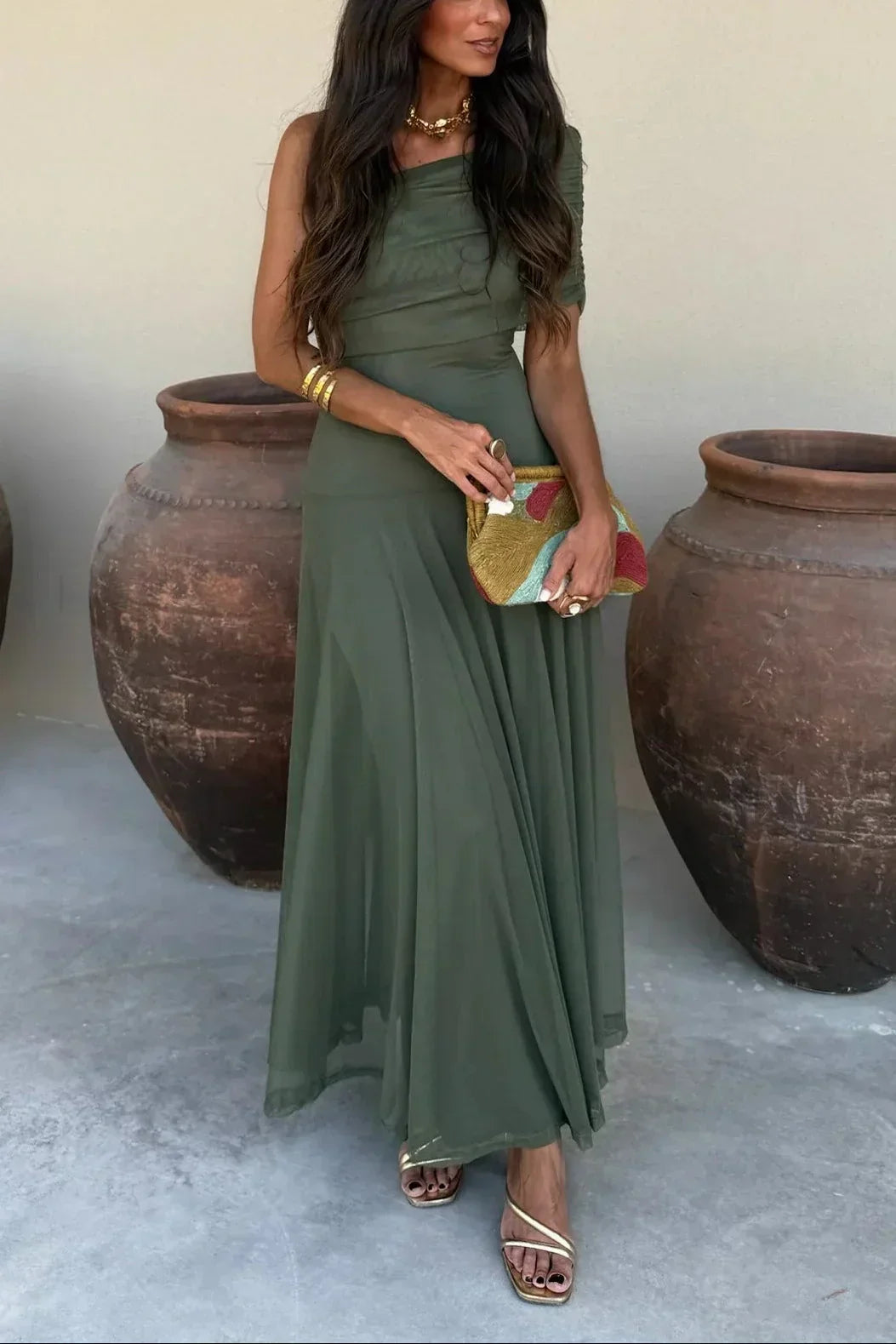 Plissiertes One-Shoulder-Maxikleid