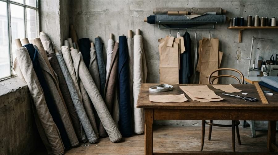 Stoffrollen und Arbeitstisch